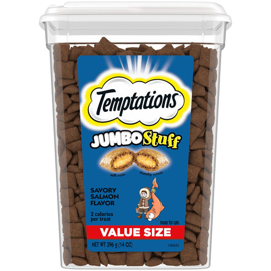Temptations Jumbo Stuff Crunchy and Soft Cat Treats Savory Salmon Flavor, 14 oz. Tub
