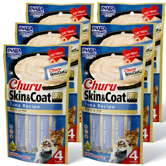 INABA Churu Lickable Purée Natural Cat Treats for Skin and Coat with Omega Oils, Taurine and Vitamin E, 0.5 Ounces Each, 24 Tubes (Four Per Package), Tuna Recipe